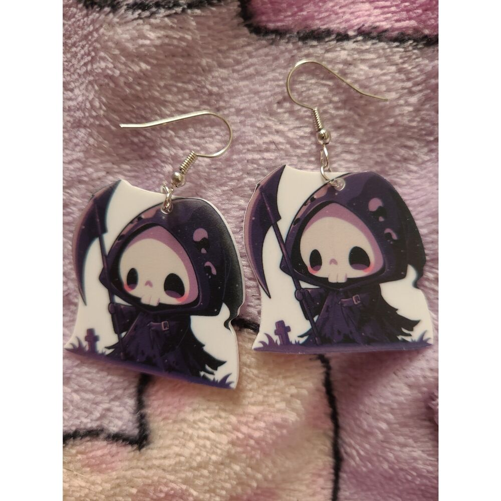 Cutecore Kawaii Grim Reaper Drop Statement Piece Earrings Spirit Halloween Kids